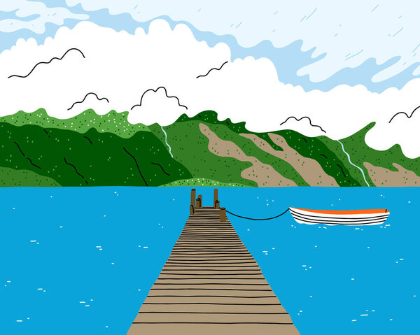 Beautiful lake landscape with wooden bridge, boat and green hill fjords, beautiful view vector illustration