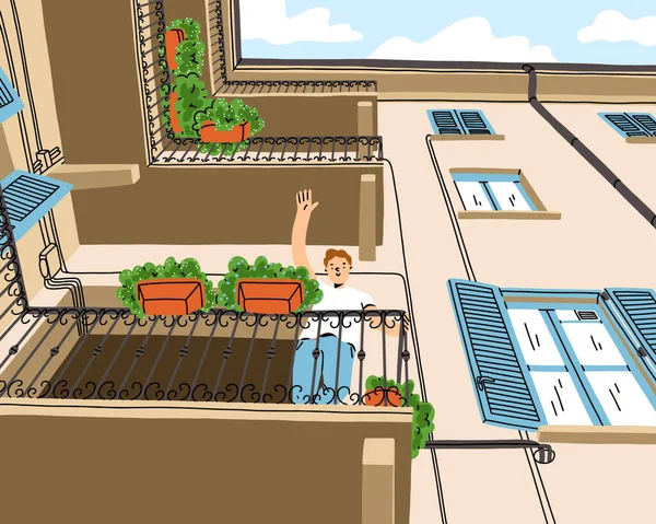 Хлопчик Каже Привіт Хвиля Рука Балкона Залишайся Вдома Міське Літо — стоковий вектор