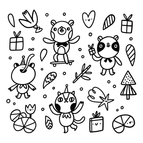 Personagens Animais Doodle Bonito Sapo Urso Gato Panda Conjunto Ilustrações — Vetor de Stock