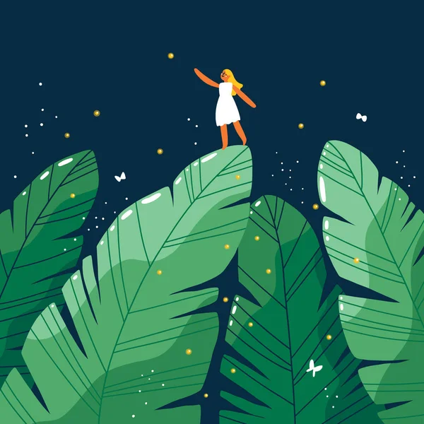 Niña Vestido Blanco Bosque Selva Por Noche Ilustración Vector Dibujos — Archivo Imágenes Vectoriales