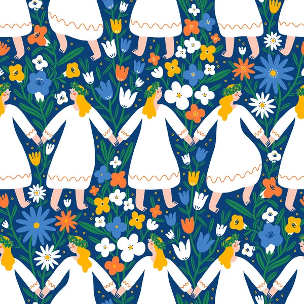 Фестиваль Літнього Сонця Літні Канікули Танцюючі Дівчата Квітковому Полі Красивий — стоковий вектор