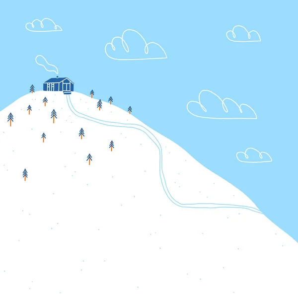 雪の森の丘の上の木造コテージ 漫画の冬のベクトル風景イラスト — ストックベクタ