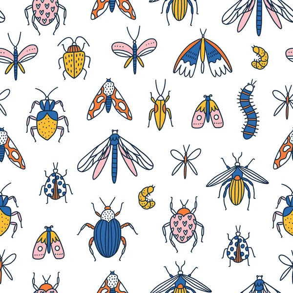 Insectos Dibujos Animados Coloridos Insectos Escarabajos Sobre Fondo Blanco Patrón — Archivo Imágenes Vectoriales