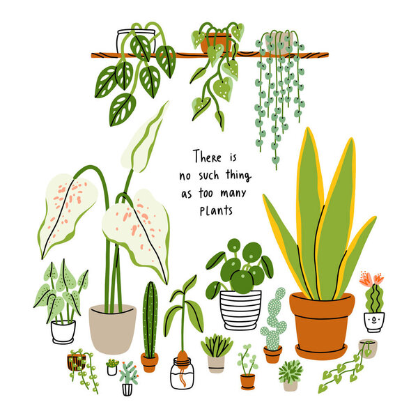 Hay Tal Cosa Como Demasiadas Plantas Plantas Casa Aisladas Blanco — Vector de stock