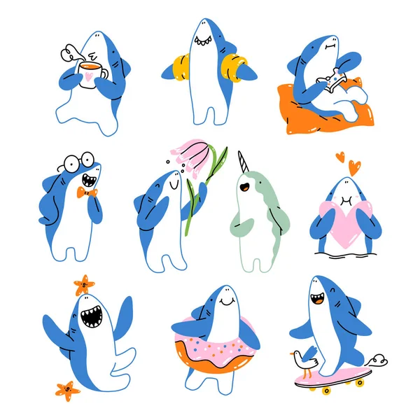 可爱鲨鱼和独角鲸卡通矢量吉祥物系列 10个字符 — 图库矢量图片