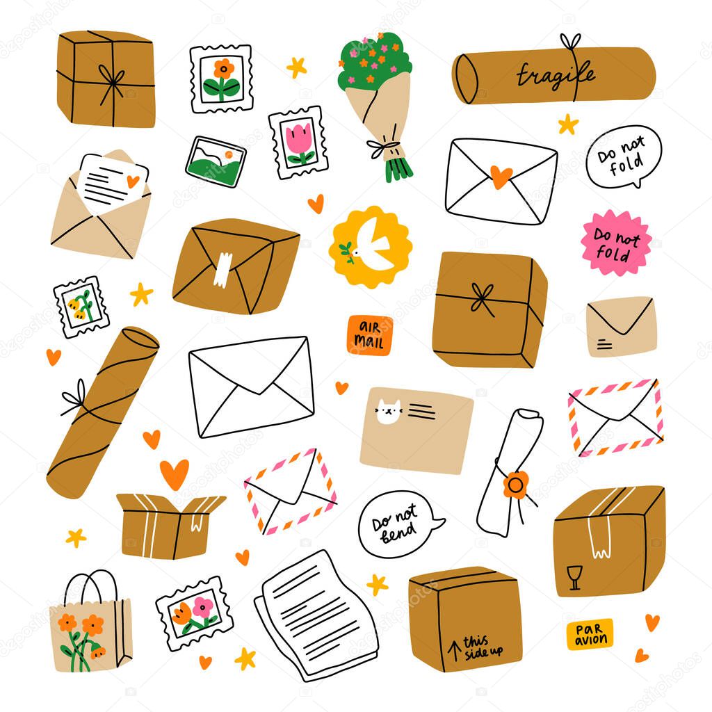 Everything is packed and delivered on time, mail boxes and letters, isolated illustrations, vector collection