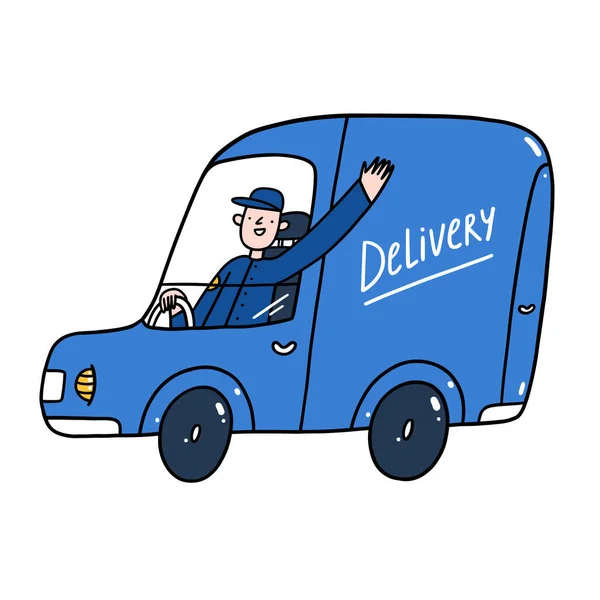 Livreur Dans Une Voiture Service Bleue Personnages Dessins Animés Illustration — Image vectorielle