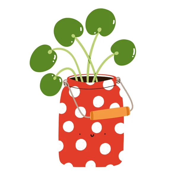 Pilea Peperomioïden Een Schattig Rood Polka Dot Can Stripfiguur Geïsoleerde — Stockvector