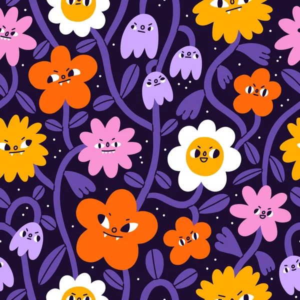 Bunch Very Angry Cute Flowers Vector Seamless Botanical Cartoon Halloween — Stock Vector