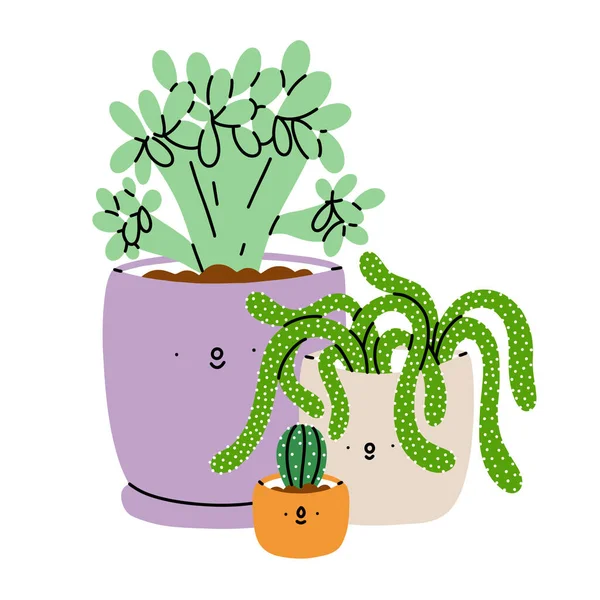 Lindas Suculentas Dibujos Animados Macetas Amigos Plantas Caseras Ilustración Vectorial — Vector de stock