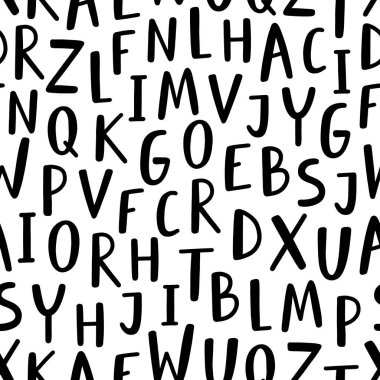 İngiliz alfabesinin el çizimi siyah ve beyaz harfleri, vektörsüz desen