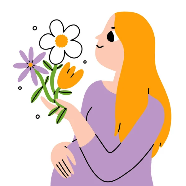 Gyönyörű Szőke Fiatal Terhes Virágokkal Anyaság Vektor Illusztráció Elszigetelt Fehér — Stock Vector