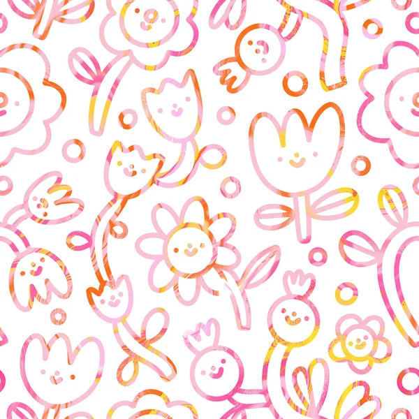 Doodles Flor Bonito Com Rosa Amarelo Laranja Textura Mármore Diversão — Fotografia de Stock