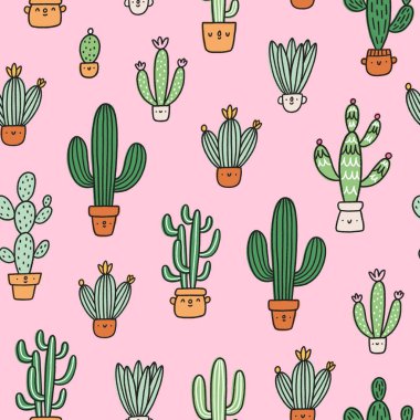 Pembe arka planda, dikenli kaktüsler ve sulu karakterler kusursuz desen çizimi