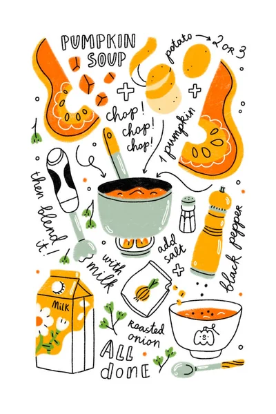 Cómo Cocinar Una Sopa Calabaza Instrucciones Dibujos Animados Lindo Impresión —  Fotos de Stock
