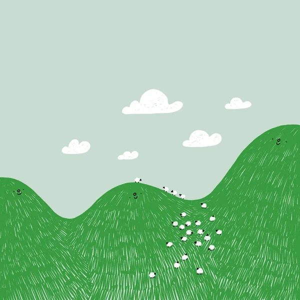 Χαριτωμένο Χαρακτήρες Λόφους Κινουμένων Σχεδίων Πράσινο Γρασίδι Σύννεφα Και Πρόβατα — Διανυσματικό Αρχείο