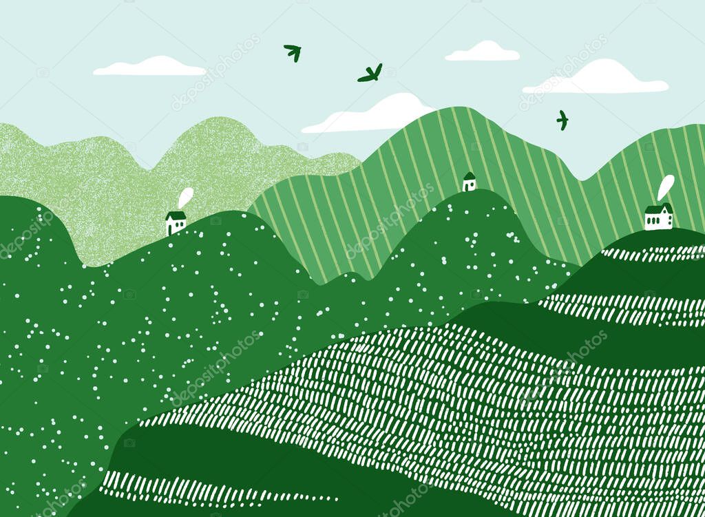 Green hills with tiny white houses, clouds and birds, vector landscape illustration