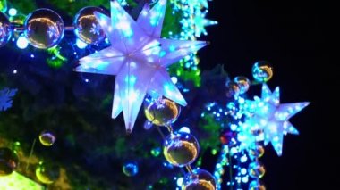 Noel pazarının ve buz pateni alanının bulanık ışıklarının arka planında çelenk olan Noel ağacı