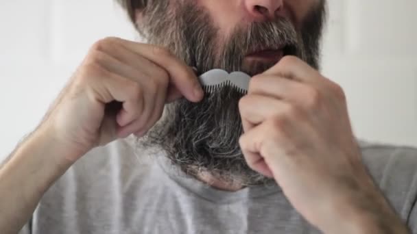 Middle-aged man combing gray beard in bathroom by metal mustache-shaped comb — Stock Video