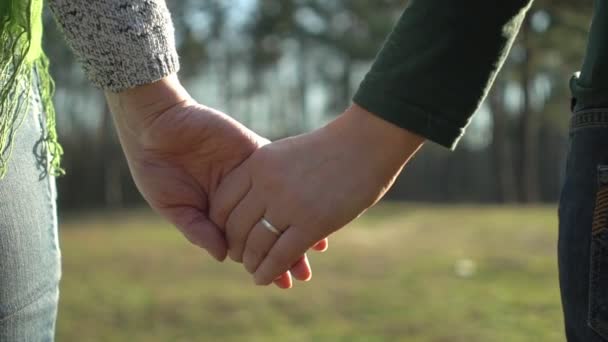 Close-up weiblich Händchen halten mit Ring Wald Hintergrund — Stockvideo