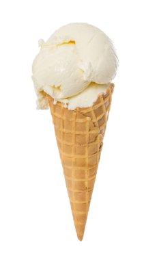 Beyaz arka plan üzerinde izole gözleme koni vanilyalı dondurma.