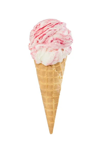 Glace Fraise Vanille Dans Cône Gaufre Isolé Sur Fond Blanc — Photo