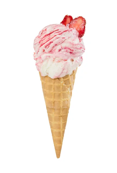 Glace Fraise Vanille Aux Fraises Fraîches Cône Gaufre Isolé Sur — Photo