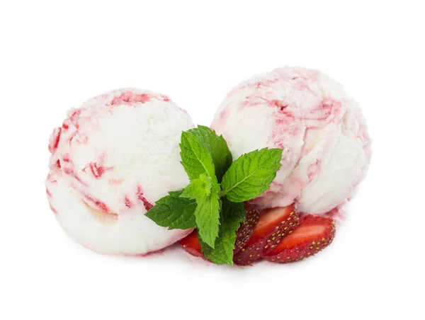 Deux Boules Glace Vanille Fraise Aux Fraises Fraîches Menthe Isolées — Photo