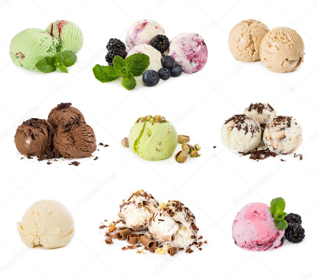 Set of different ice cream scoops isolated on white background.