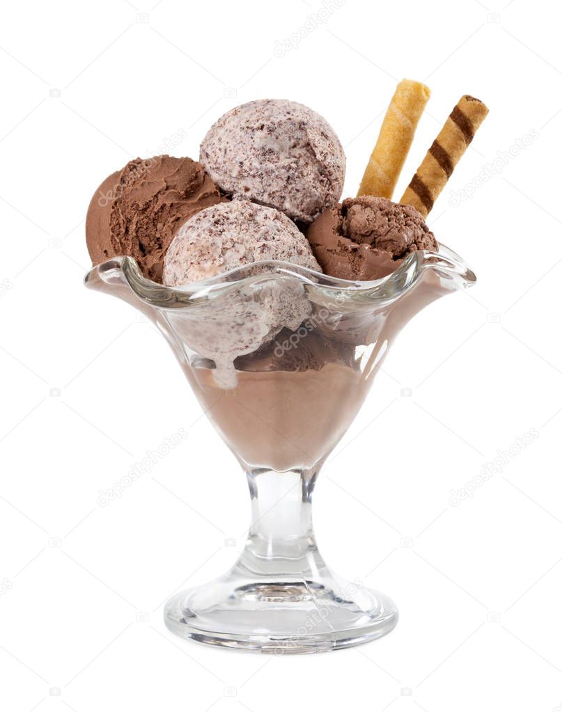 Chocolate ice cream in glass vase isolated on white background.