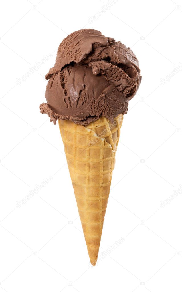 Chocolate ice cream in waffle cone isolated on white background.