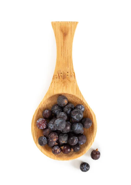 Dried Juniper Berries Wooden Spoon Isolated White Background Top View — Stock Photo, Image