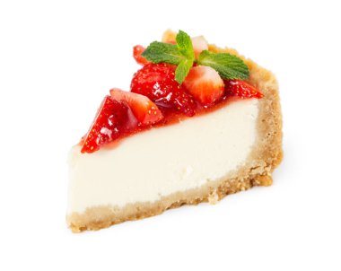 Parçası cheesecake taze çilek ve beyaz arka plan üzerinde izole nane ile