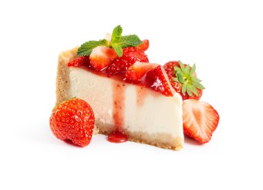 Parçası cheesecake taze çilek ve beyaz arka plan üzerinde izole nane ile