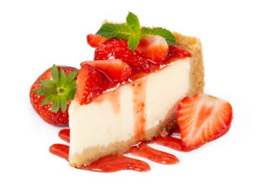 Parçası cheesecake taze çilek ve beyaz arka plan üzerinde izole nane ile