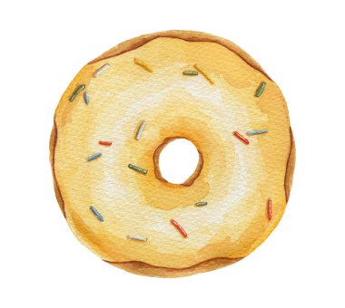 Beyaz arka plan üzerinde izole sprinkles ile suluboya sarı çörek. Üstten görünüm. El suluboya resim çekilmiş.