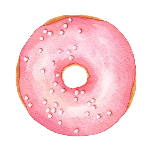 Watercolor Pink Donut Isolated White Background Top View Hand Drawn — Stock Photo, Image