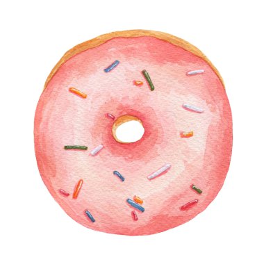 Beyaz arka plan üzerinde izole sprinkles ile suluboya pembe çörek. Üstten görünüm. El suluboya resim çekilmiş.