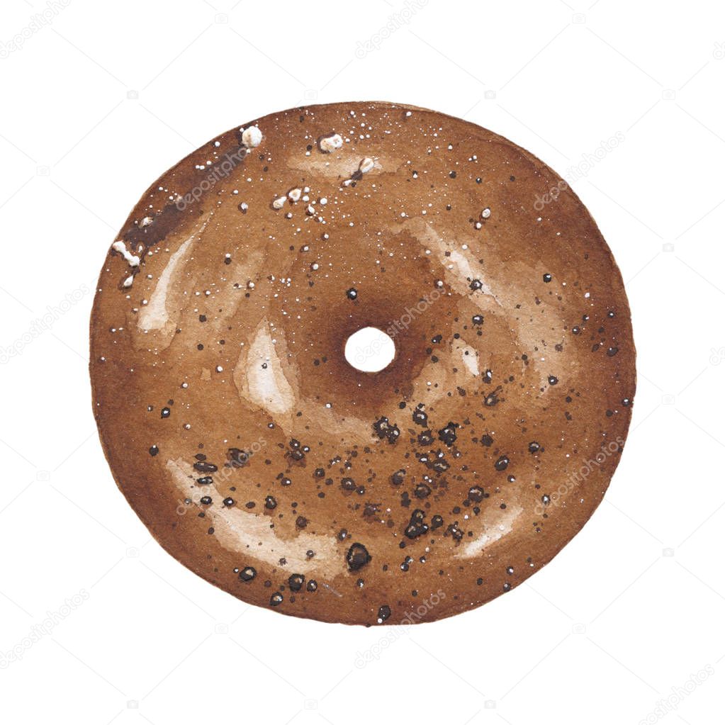 Watercolor chocolate donut with sprinkles isolated on white background. Top view. Hand drawn illustration.