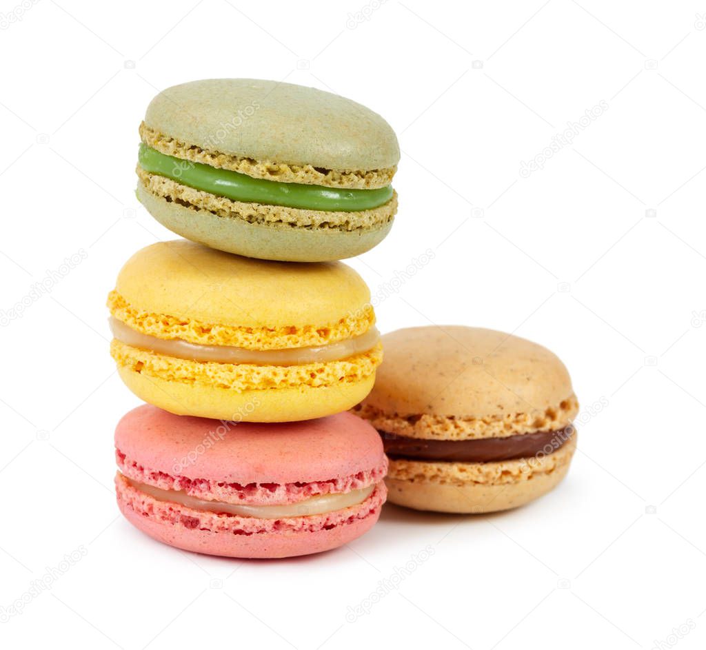 Stack of colorful french macaroons isolated on white 