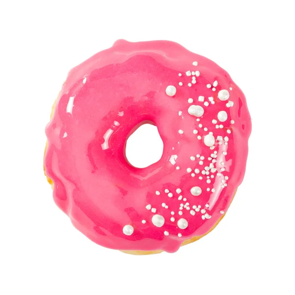 Donut com esmalte espelho brilhante rosa isolado em branco — Fotografia de Stock