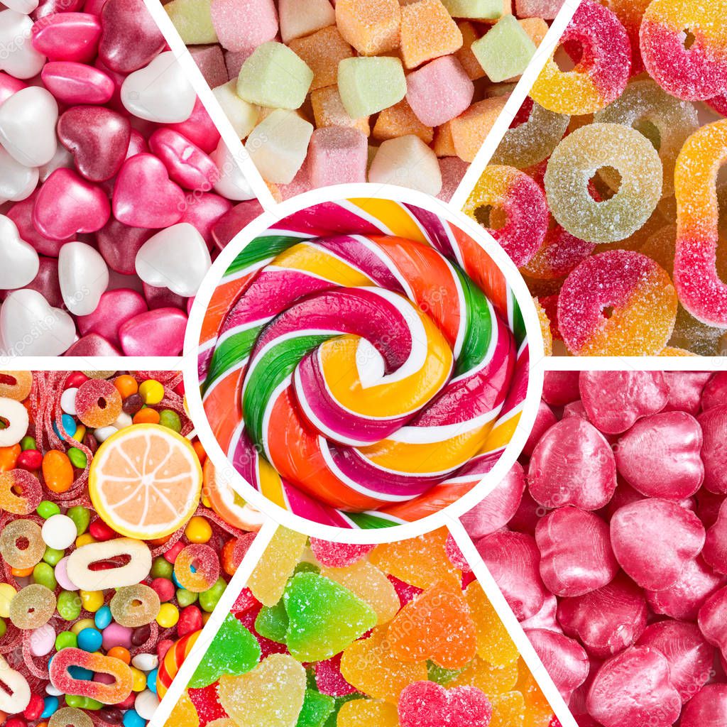 Collage of different colorful candy 