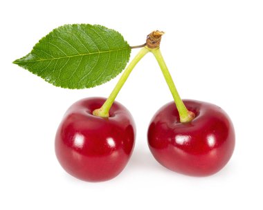 Beyaz arka planda iki olgun kiraz.