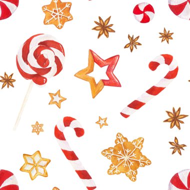 Noel kurabiyeleri, şeker kamışı, lolipop ve beyaz arka planda izole edilmiş yıldız anasonlu suluboya desenleri..