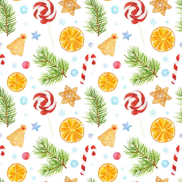 クリスマスジンジャーブレッドクッキー 木の枝 キャンディー杖 オレンジや他のクリスマス要素 白い背景に隔離された水彩シームレスパターン — ストック写真