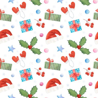 Noel meyveleri, hediye kutusu, Noel şapkası ve beyaz arka planda izole edilmiş eldivenli suluboya desenleri..