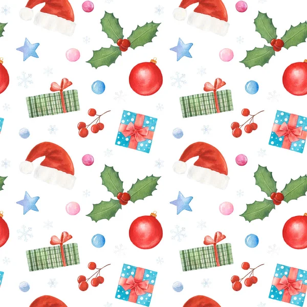 Watercolor seamless pattern with Christmas berries, gift box, Christmas  hat and ball isolated on white background.