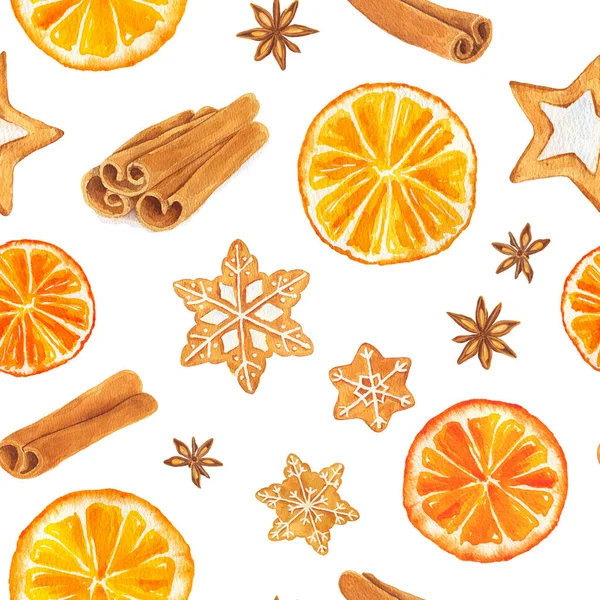 Padrão Sem Costura Aquarela Com Biscoitos Gengibre Natal Laranja Anis — Fotografia de Stock