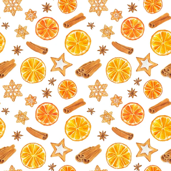 Akvarel Bezešvný Vzor Vánoční Perník Cookies Oranžová Hvězda Anýz Skořice — Stock fotografie