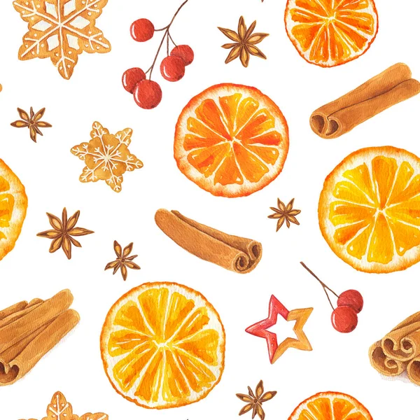 Padrão Sem Costura Aquarela Com Biscoitos Gengibre Natal Laranja Bagas — Fotografia de Stock